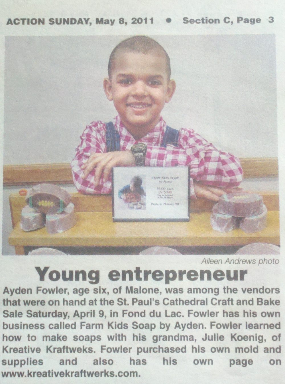 2011 newspaper feature on Ayden Fowler, age six, and Farm Kids Soap